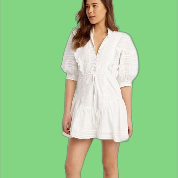 Bardot Ruffled Dress MED Babydoll Tiered Lace Pin Tucks Bridgerton Fairy - Picture 6 of 16